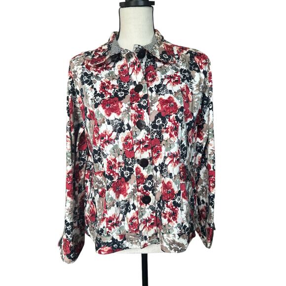 Keren Hart Floral Jacket Long Sleeve Button Front Collar Women's Large Cotton - Picture 1 of 6